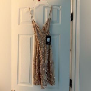 Fashion Nova Cream and Gold Slip Dress for Prom